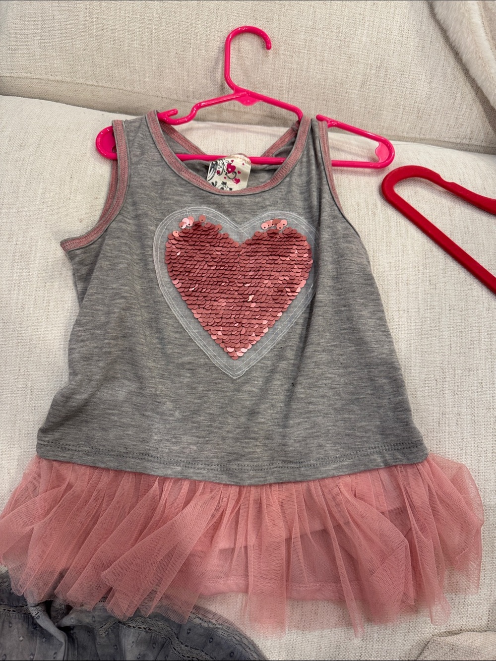 Girls' Gray Tank Top with Pink Sequin Heart and Pink Tulle Hem